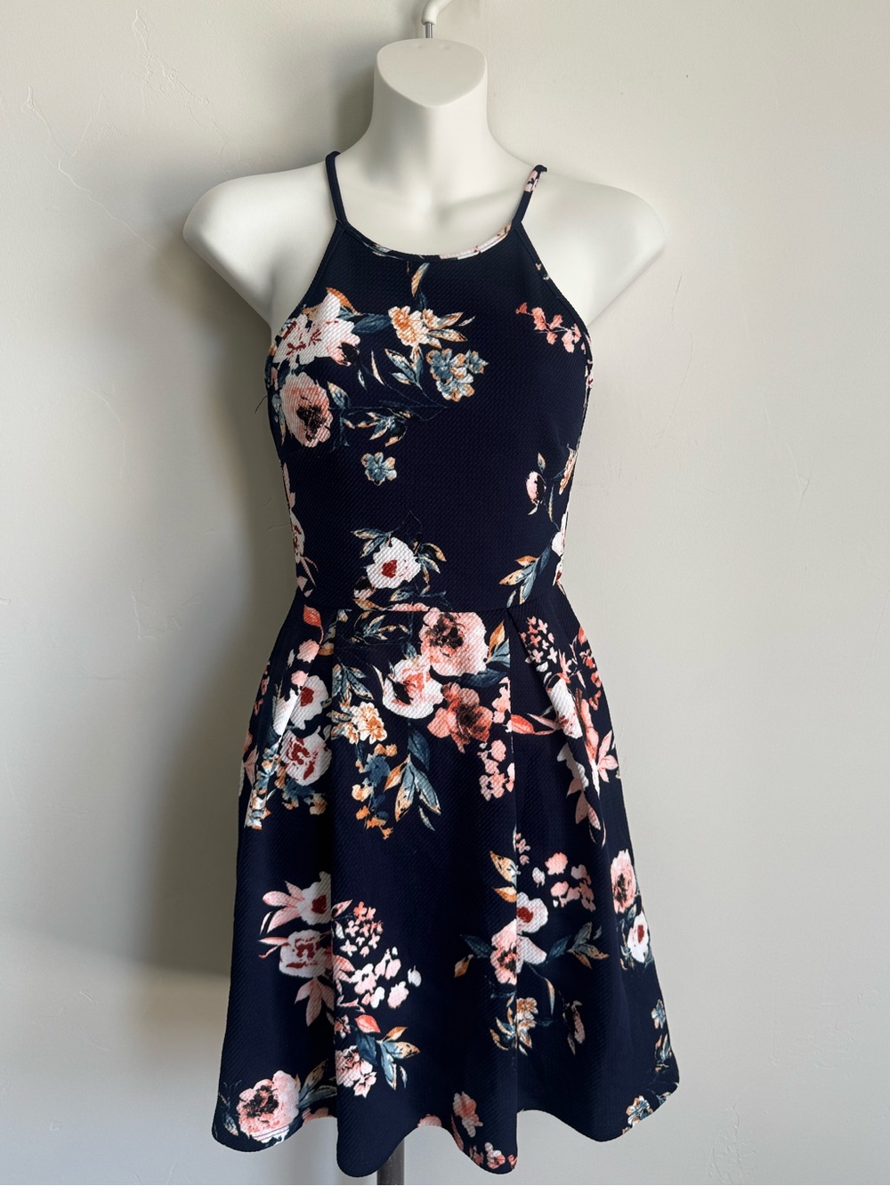 Soprano Navy Floral High-Neck Mini Dress